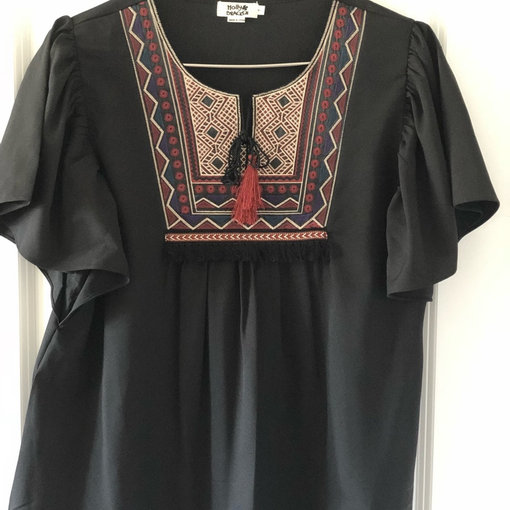 Flowy Silky Shirt with Neckline Embroidery